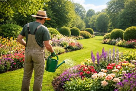 jardinier-soigne-jardin-fleuri-verdoyant