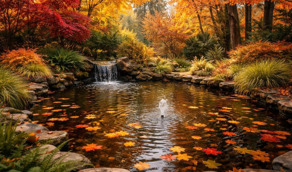 bassin-jardin-feuilles-arbres-automne
