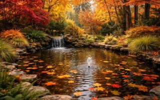 bassin-jardin-feuilles-arbres-automne