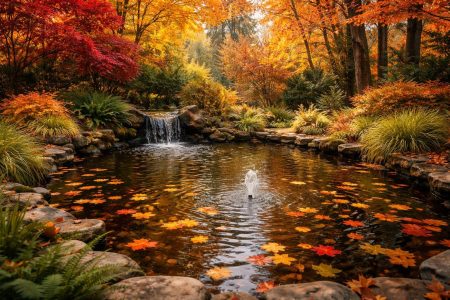 bassin-jardin-feuilles-arbres-automne