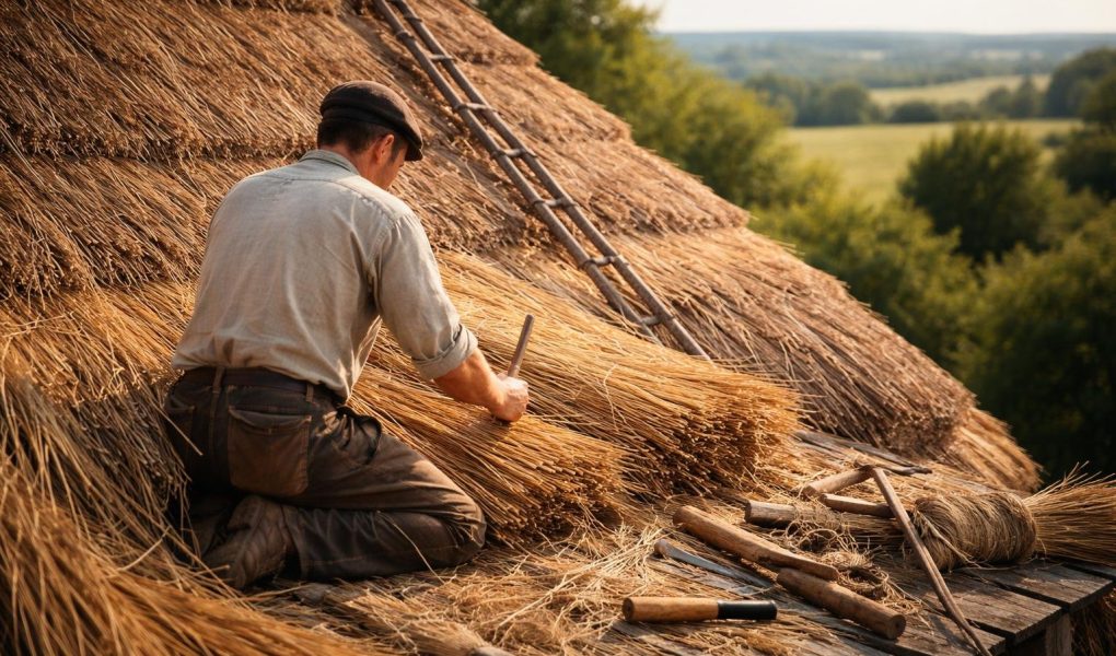 artisan-travail-toit-chaume-outils